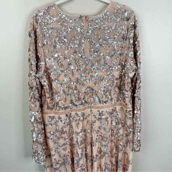 Mac Duggal Pink Embellished Illusion High Neck Long Sleeve A Line Gown Size 18 - Picture 6 of 13